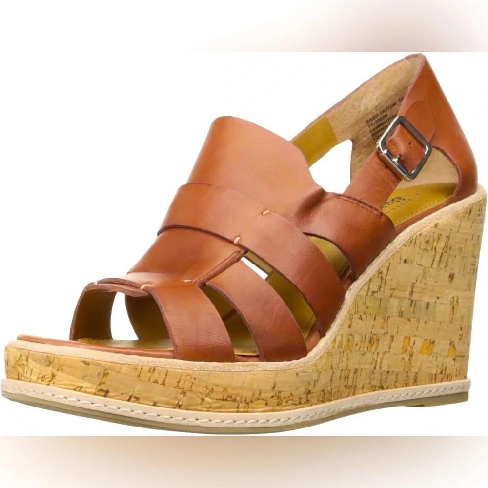 G HBass & Co Wedges Taylor Camel Brown Leather Strappy Platform Cork Heel sz 8M - Picture 1 of 16